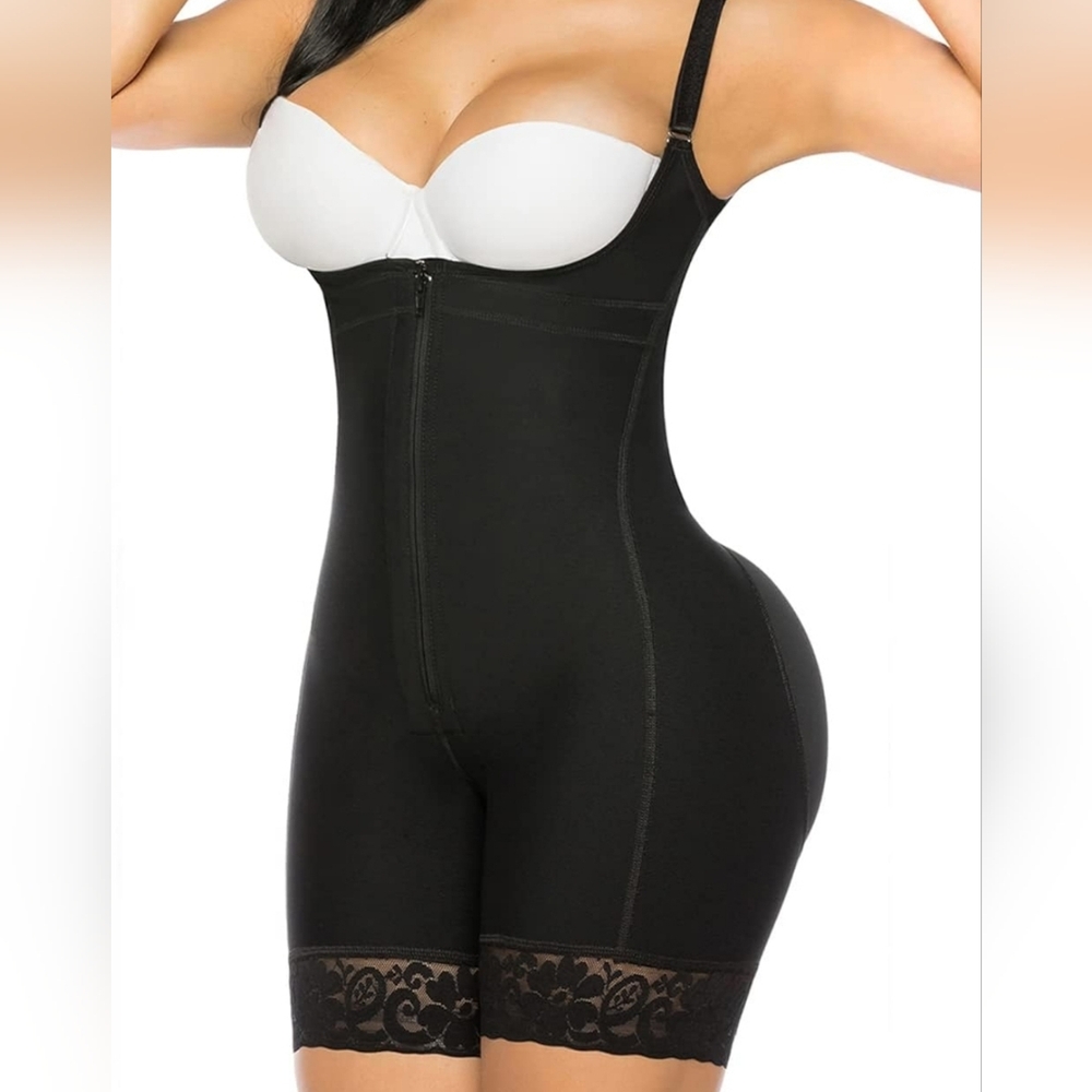 High-Waist Black Lace Hem Full-Body Shapewear Bodysuit